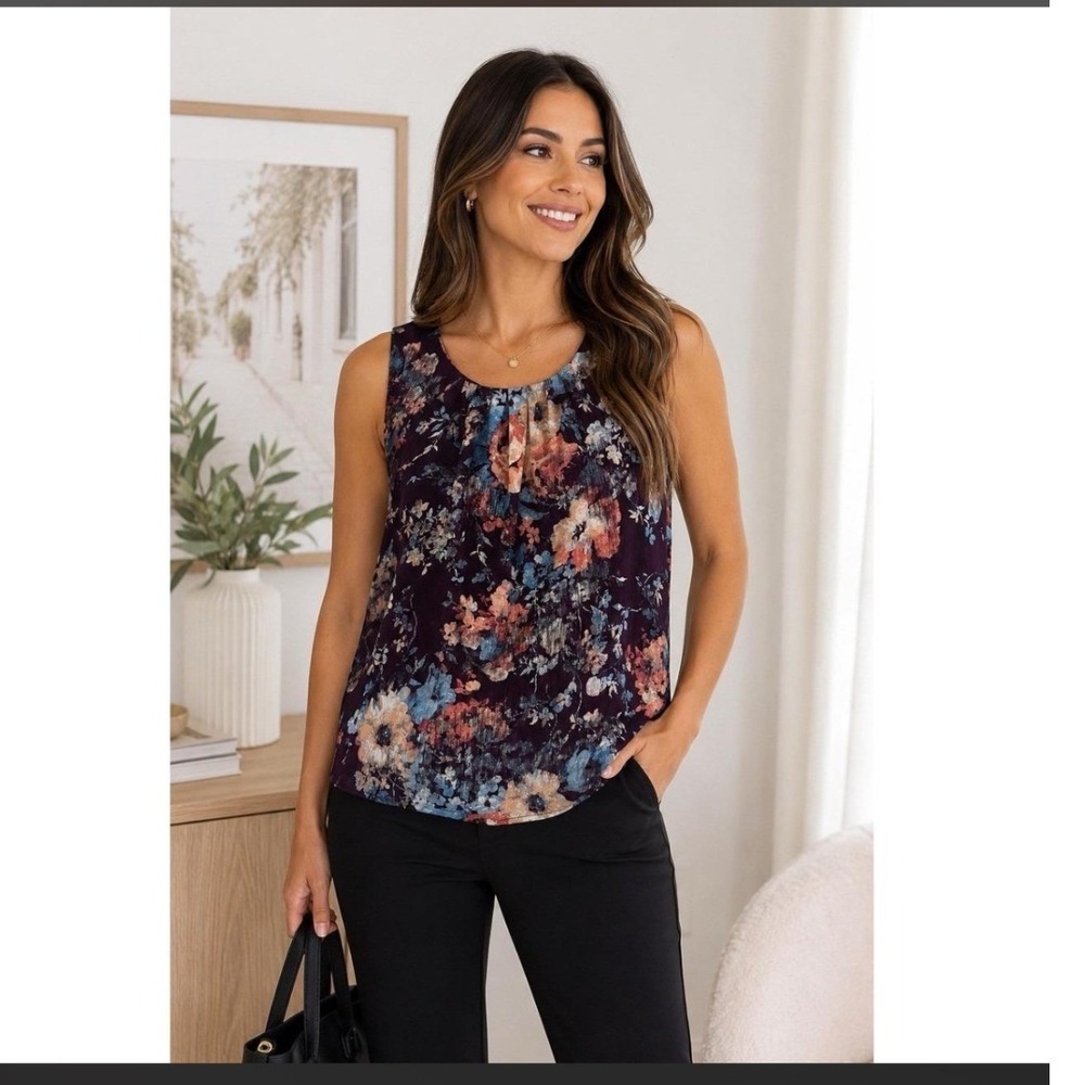 Calvin Klein Floral Blouse Women Large Purple Sleeveless Pleated Neck Keyhole
